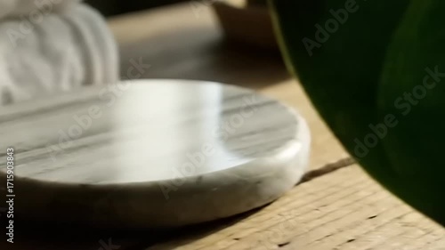 Spa Day Essentials Marble Dish, Soft Towels, and Wooden Tray Close-Up