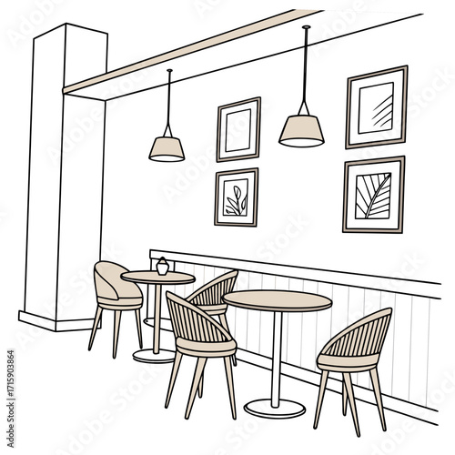 Cozy cafe interior with tables chairs and artwork on the wall in a minimalist line drawing style