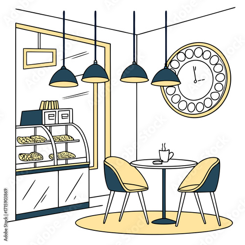Cozy cafe interior with a display case of baked goods a round table with chairs and a decorative clock