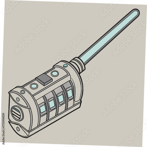 Futuristic combination lock with a glowing blue rod extending from the top