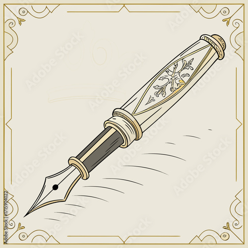 Elegant antique fountain pen with ornate gold filigree detailing writing on parchment paper
