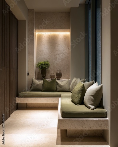 A contemporary sitting nook featuring a light-toned stone bench with sage-green cushions, bathed in warm ambient light.