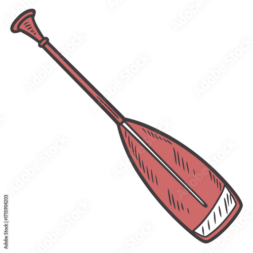 Simple hand drawn illustration of a red canoe paddle with a white background and dark outline