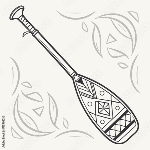 Stylized black and white illustration of a canoe paddle with tribal geometric patterns and decorative background elements