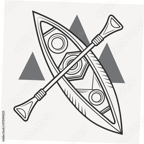 Stylized black and white illustration of a canoe with a paddle and abstract mountain shapes