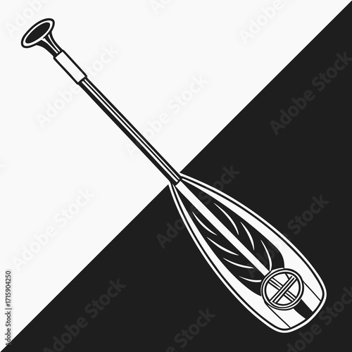 Stylized black and white illustration of a stand up paddleboard paddle with a graphic design on the blade