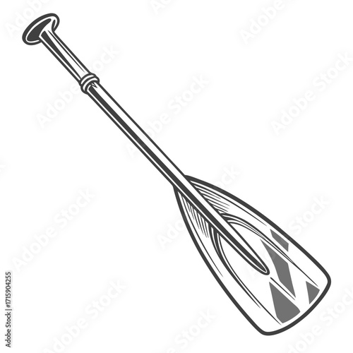 Stylized black and white illustration of a single paddle with a rounded handle and a wide blade
