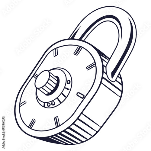 Stylized black and white line drawing of a combination lock with a rotating dial and shackle