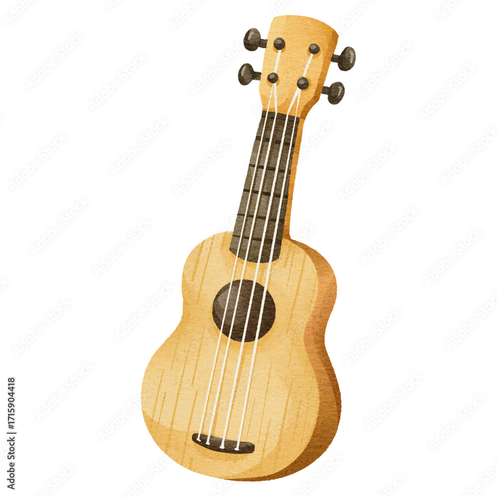 Fototapeta premium Watercolor illustration of a wooden ukulele. Hand-drawn small guitar musical instrument clipart for music, summer, and beach concepts.