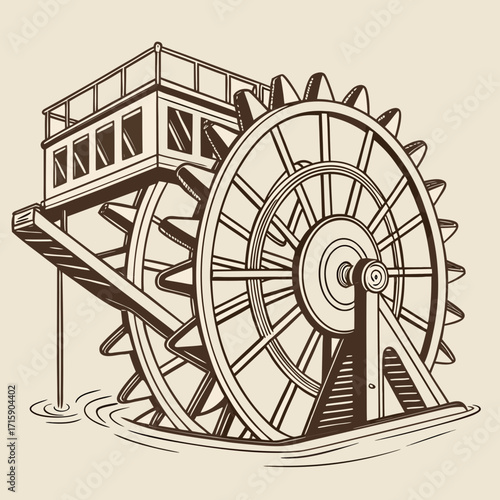 Vintage illustration of a paddle wheel boat with a large water wheel generating power on a calm river
