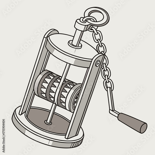 Vintage mechanical device with rotating wheels and a crank isolated on a neutral background