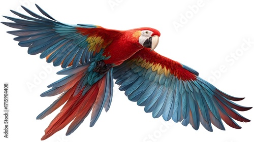Scarlet macaw parrot flying wings spread exotic bird wildlife nature colorful avian tropical isolated animal