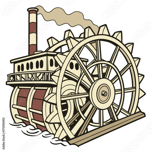 Vintage paddle wheel steamboat sailing through water with smoke billowing from its chimney