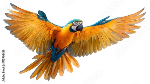 Flying blue and gold macaw parrot isolated on white background stock photo and image for sale use