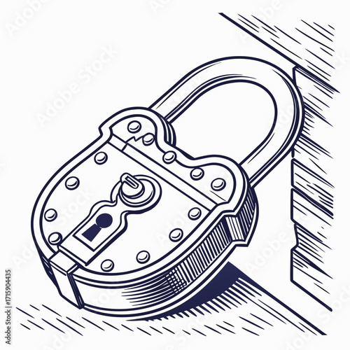 Vintage padlock with a keyhole secured on a wooden surface in a detailed line art illustration style