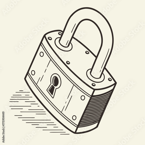 Vintage style line art illustration of a classic padlock with a keyhole and shackle on a light background