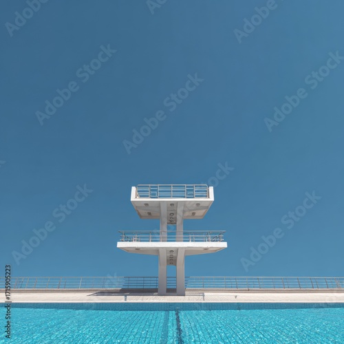 Clear Blue Sky Over a Diving Tower Above an Empty Swimming Pool