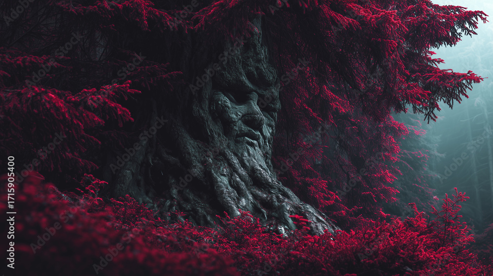 Fototapeta premium A scary of the evil tree with red leafs is in the middle of black forest , halloween mood.