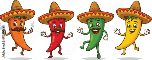 Cartoon chili pepper characters, Mexican fiesta vegetables, colorful jalapeno illustration, sombrero wearing peppers, spicy food mascot, fun fiesta artwork