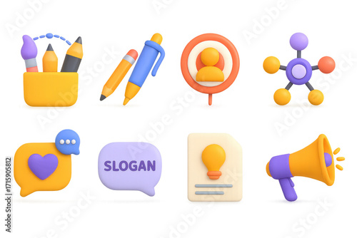 Colorful 3d icons for creative design and communication tools