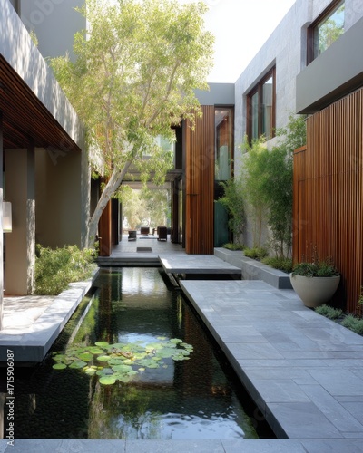 A contemporary home's interior courtyard features a serene water feature and lush landscaping, showcasing modern design and tranquil atmosphere.