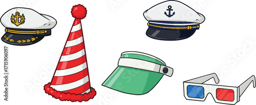 Cartoon collection of hats and accessories, captain hat, party cone hat, green visor cap, 3D glasses, vector illustration design