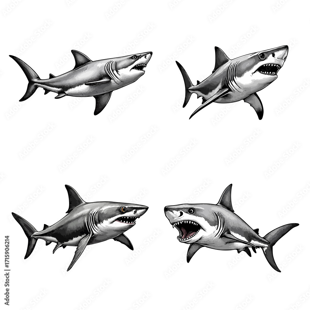 Fototapeta premium A set of shark fish black and white on clean white background
