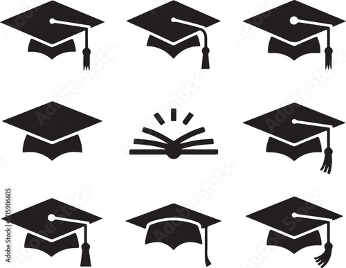 Graduation Cap Vector Illustration Set with Various Styles and Book Icon on Transparent Backdrop