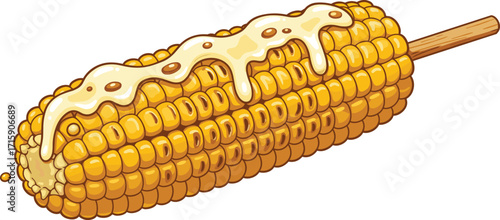 Cartoon grilled corn on the cob with melted butter, delicious roasted maize vector illustration, tasty snack food drawing, barbecue street food design