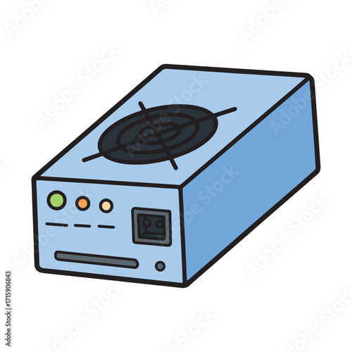 Illustration of a blue computer power supply unit with fan and ports, digital elements computer