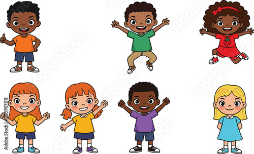 Cartoon happy kids illustration, diverse children characters vector, group of smiling boys and girls, playful children design, fun childhood artwork