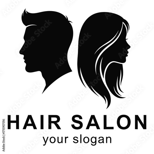 Stylish hair salon logo design featuring male and female silhouettes for beauty services silhouette