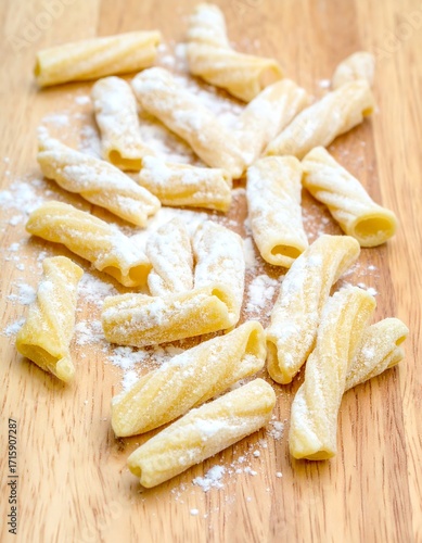 Uncooked pasta on a wooden board
