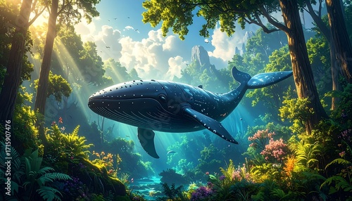 Surreal Whale in Lush Tropical Forest: Digital Art