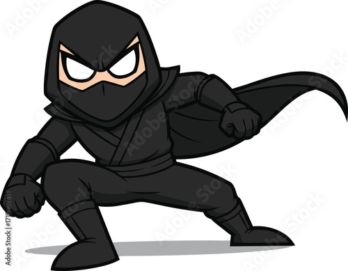 Cartoon ninja character in black costume, stealth warrior illustration, masked fighter in action pose, comic style drawing of ninja hero