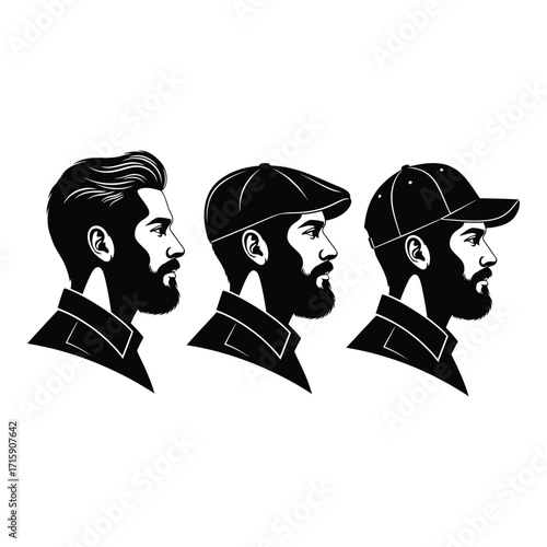 Stylized silhouettes of men's hairstyles and headwear options for modern styles silhouette