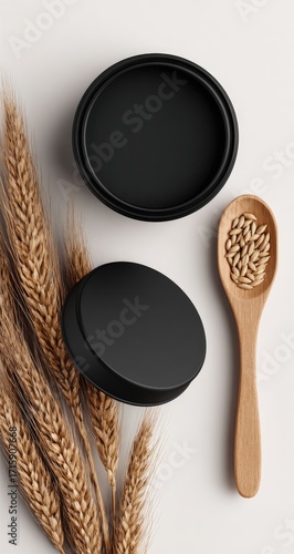 Matte black cosmetic container, natural wheat, wooden spoon,  on a white background