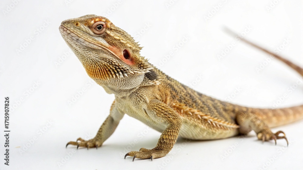 Obraz premium Lizard with textured scales and natural colors perched calmly on a clean white studio background, sharp focus, and professional studio lighting