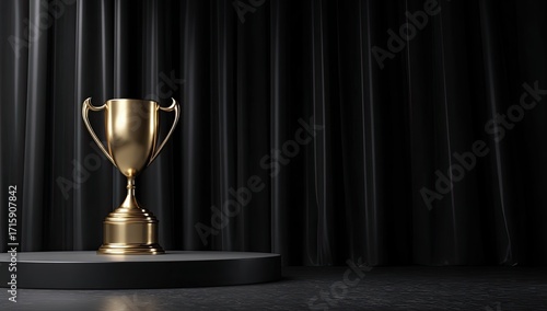 Golden trophy on a black podium in front of black drapes