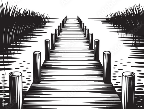 Wooden Pier Leading to Tranquil Waterscape with Reed Banks and Serene Reflections Vector Illustration