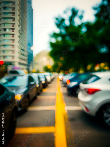 Abstract composition of city parking area with vehicle blur and soft focus
