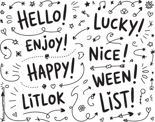 Hand Drawn Doodle Words and Arrows Vector Set with Hello Enjoy Happy Lucky Nice Ween List Litlok