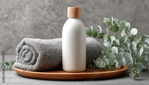 Gray towel, white bottle, wooden tray, eucalyptus