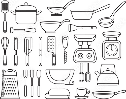 Collection of Kitchen Utensils Outline Icons on Transparent Background for Culinary Projects