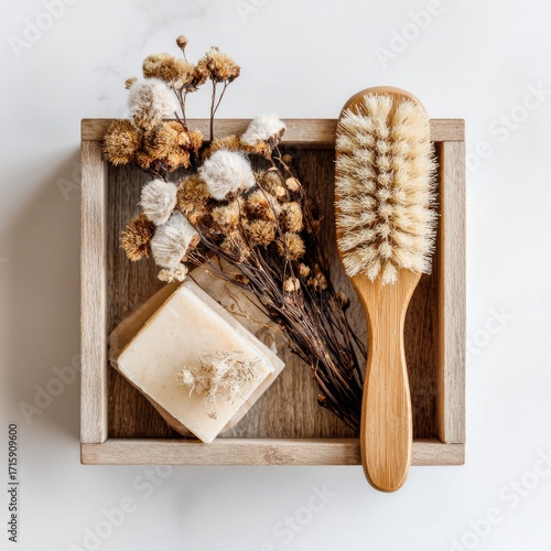 Wooden box with soap, dried flowers, and brush