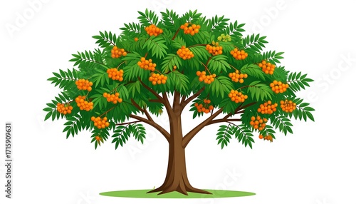 A vibrant, illustrated depiction of a lush tree, adorned with clusters of bright orange berries and lush green foliage, set against a plain white background.