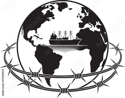 Global Trade Restriction Concept with Barbed Wire and Ship on Earth Silhouette Illustration