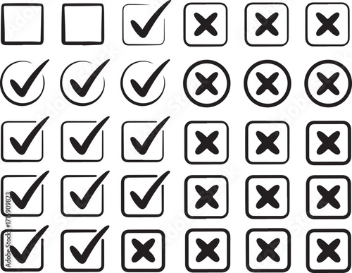 Check Mark and Cross Symbol Set in Various Styles on Transparent Background Illustration