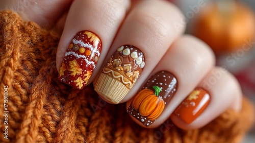 Thanksgiving nails with mini turkeys and pumpkin pies, warm orange and brown, festive blurred bg
