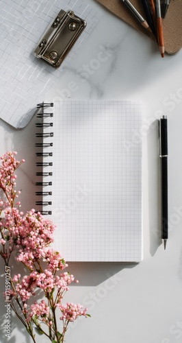 A blank notebook, pen, and flowers on a marble surface